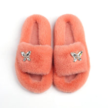 Load image into Gallery viewer, Fluffy Slippers Rhinestone Butterfly Faux Fur Slides Women Sandals Platform Flip Flops Crystal Indoor Slippers Faux Fur Slippers Comfy Open Toe Two Slides Lining And Rubber Sole
