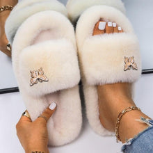 Load image into Gallery viewer, Fluffy Slippers Rhinestone Butterfly Faux Fur Slides Women Sandals Platform Flip Flops Crystal Indoor Slippers Faux Fur Slippers Comfy Open Toe Two Slides Lining And Rubber Sole