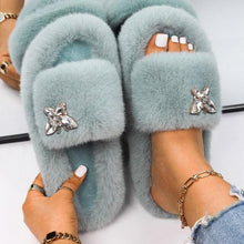 Load image into Gallery viewer, Fluffy Slippers Rhinestone Butterfly Faux Fur Slides Women Sandals Platform Flip Flops Crystal Indoor Slippers Faux Fur Slippers Comfy Open Toe Two Slides Lining And Rubber Sole