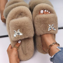 Load image into Gallery viewer, Fluffy Slippers Rhinestone Butterfly Faux Fur Slides Women Sandals Platform Flip Flops Crystal Indoor Slippers Faux Fur Slippers Comfy Open Toe Two Slides Lining And Rubber Sole