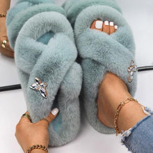 Load image into Gallery viewer, Fluffy Slippers Rhinestone Butterfly Faux Fur Slides Women Sandals Platform Flip Flops Crystal Indoor Slippers Faux Fur Slippers Comfy Open Toe Two Slides Lining And Rubber Sole