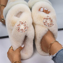 Load image into Gallery viewer, Fluffy Slippers Rhinestone Butterfly Faux Fur Slides Women Sandals Platform Flip Flops Crystal Indoor Slippers Faux Fur Slippers Comfy Open Toe Two Slides Lining And Rubber Sole