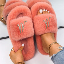 Load image into Gallery viewer, Fluffy Slippers Rhinestone Butterfly Faux Fur Slides Women Sandals Platform Flip Flops Crystal Indoor Slippers Faux Fur Slippers Comfy Open Toe Two Slides Lining And Rubber Sole