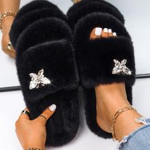 Load image into Gallery viewer, Fluffy Slippers Rhinestone Butterfly Faux Fur Slides Women Sandals Platform Flip Flops Crystal Indoor Slippers Faux Fur Slippers Comfy Open Toe Two Slides Lining And Rubber Sole