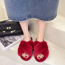 将图片加载到图库查看器,Fluffy Slippers Women Cozy Faux Fur Cross Indoor Floor Slides Flat Soft Furry Shoes Fluffy Furry Fur Slippers Flip Flop Open Toe Cozy House Memory Foam Sandals Slides Soft Flat Comfy Slippers