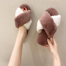 将图片加载到图库查看器,Fluffy Slippers Women Cozy Faux Fur Cross Indoor Floor Slides Flat Soft Furry Shoes Fluffy Furry Fur Slippers Flip Flop Open Toe Cozy House Memory Foam Sandals Slides Soft Flat Comfy Slippers