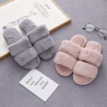 将图片加载到图库查看器,Fluffy Slippers Women Cozy Faux Fur Cross Indoor Floor Slides Flat Soft Furry Shoes Fluffy Furry Fur Slippers Flip Flop Open Toe Cozy House Memory Foam Sandals Slides Soft Flat Comfy Slippers