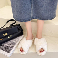 将图片加载到图库查看器,Fluffy Slippers Women Cozy Faux Fur Cross Indoor Floor Slides Flat Soft Furry Shoes Fluffy Furry Fur Slippers Flip Flop Open Toe Cozy House Memory Foam Sandals Slides Soft Flat Comfy Slippers