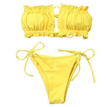 Load image into Gallery viewer, Folds Bikini Women Swimwear Bathing Suit Women's Ruffle Tie Side Bikini Set High Cut Strapless Padded Solid Bathing Suit Bikini Micro Swimsuit Female Push up Two-Piece Suit Summer