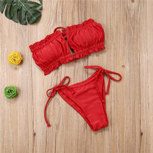 Load image into Gallery viewer, Folds Bikini Women Swimwear Bathing Suit Women's Ruffle Tie Side Bikini Set High Cut Strapless Padded Solid Bathing Suit Bikini Micro Swimsuit Female Push up Two-Piece Suit Summer