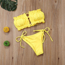 Load image into Gallery viewer, Folds Bikini Women Swimwear Bathing Suit Women's Ruffle Tie Side Bikini Set High Cut Strapless Padded Solid Bathing Suit Bikini Micro Swimsuit Female Push up Two-Piece Suit Summer