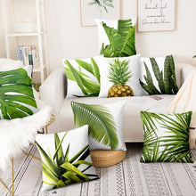 将图片加载到图库查看器,Fresh Green Leaves Digital Printed Pillowcase Home Pillow Decoration Tropical Green Leaves Throw Pillow Cover With Geometric Background Home Decorative Square Cushion Covers Cotton Linen Home Decor 45x45CM