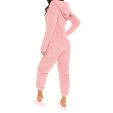 Load image into Gallery viewer, Fuzzy Hooded Pajama Jumpsuit For Music Festival, Long Sleeve Zipper Lingerie & Sleepwear