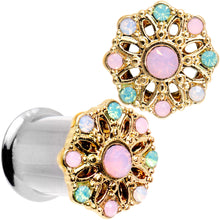 Load image into Gallery viewer, Pink Green White Gem Glam Flower Double Flare Tunnel Plug Set