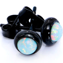 Load image into Gallery viewer, White Synthetic Opal Black IP 316L Surgical Steel Stud Earrings