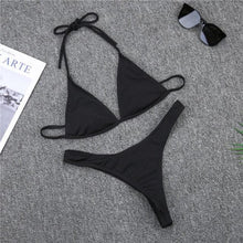 Load image into Gallery viewer, Girls Swimming Suits Bikini Small Cup Women Two Pieces Knitting Thong Bikinis Summer Spaghetti Strap Top And Bottoms Swimsuit Swimwear High Cut Style Beach Bikini Solid Black/White Micro Swim Suits Thong Bikinis
