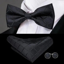 Load image into Gallery viewer, Green Color Silk Butterfly Pre-Tied Bow Tie Pocket Square Cufflinks Suit Set For Men Silk Adjustable Self Bowtie Formal Bowtie Set