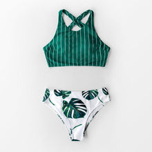 将图片加载到图库查看器,Green Stripe And Leaves Print Bikini Sets Women Tank Swimsuit Women's Two Piece High Neck Bikinis Swimsuits Modest Crop Top Bathing Suits For Teens Two Pieces Girls Beach Bathing Suits Swimwear