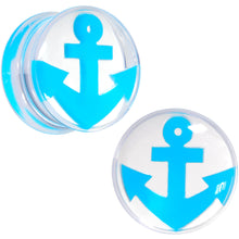 Load image into Gallery viewer, Clear Acrylic Double Flare Turquoise Blue Anchor Saddle Plug Set 6mm to 20mm