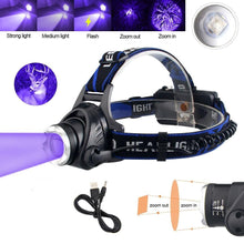 Load image into Gallery viewer, Headlamp Flashlight USB LED Head Rechargeable Light Waterproof Green/Red/UV 395nm Zoomable Headlamp Flashlight Light Outdoor Waterproof Headlight Led Head Lamp 3 Modes Torch For Camping Hiking Fishing