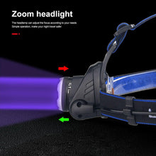 Load image into Gallery viewer, Headlamp Flashlight USB LED Head Rechargeable Light Waterproof Green/Red/UV 395nm Zoomable Headlamp Flashlight Light Outdoor Waterproof Headlight Led Head Lamp 3 Modes Torch For Camping Hiking Fishing