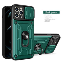 将图片加载到图库查看器,Heavy Duty Armor Case Card Pocket for iPhone 11 Pro 7 8 Plus Magnetic Phone Holder Cover Slide Lens Protection Design Card Holder Slot With Rotating Ring Armor Bumper Shockproof Case
