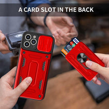将图片加载到图库查看器,Heavy Duty Armor Case Card Pocket for iPhone 11 Pro 7 8 Plus Magnetic Phone Holder Cover Slide Lens Protection Design Card Holder Slot With Rotating Ring Armor Bumper Shockproof Case