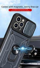 将图片加载到图库查看器,Heavy Duty Armor Case Card Pocket for iPhone 11 Pro 7 8 Plus Magnetic Phone Holder Cover Slide Lens Protection Design Card Holder Slot With Rotating Ring Armor Bumper Shockproof Case