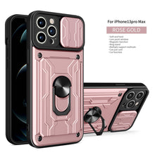 将图片加载到图库查看器,Heavy Duty Armor Case Card Pocket for iPhone 11 Pro 7 8 Plus Magnetic Phone Holder Cover Slide Lens Protection Design Card Holder Slot With Rotating Ring Armor Bumper Shockproof Case