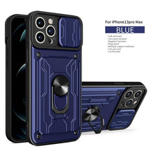 将图片加载到图库查看器,Heavy Duty Armor Case Card Pocket for iPhone 11 Pro 7 8 Plus Magnetic Phone Holder Cover Slide Lens Protection Design Card Holder Slot With Rotating Ring Armor Bumper Shockproof Case