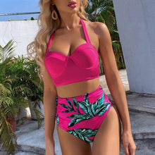 将图片加载到图库查看器,High Waist Bikini Leaf Print Swimsuit Women Push Up Swimwear Female Halter Bathing Suit Vintage Swimming Suit Women Vintage Underwire High Waist Swimsuit Two Pieces Halter Lace Up Adjustable Bikini Top