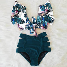 将图片加载到图库查看器,High Waist Bikini Ruffle Swimwear Women Print Swimsuit Push Up Bikinis Plus Size Bathing Suits Floral Beach Wear Bikini Swimsuits for Teen Girls