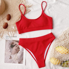 Load image into Gallery viewer, High Waist Bikini Swimsuits Women Push Up Swimwear Ribbed Bathing Suit Strap Bikinis Set Beachwear High Waist Bathing Suit Full Coverage Two Piece Swimsuit