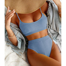 Load image into Gallery viewer, High Waist Bikinis Swimwear Women Push Up Swimsuits Solid High Waist Bikini Sets Sporty Two Pieces Swimsuit Scoop Neck Bathing Suits for Women Ribbed Bathing Suits High Cut Summer Beachwear
