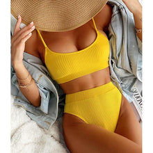 Load image into Gallery viewer, High Waist Bikinis Swimwear Women Push Up Swimsuits Solid High Waist Bikini Sets Sporty Two Pieces Swimsuit Scoop Neck Bathing Suits for Women Ribbed Bathing Suits High Cut Summer Beachwear