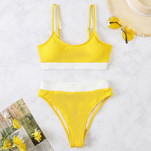Load image into Gallery viewer, High Waist Bikinis Swimwear Women Push Up Swimsuits Solid High Waist Bikini Sets Sporty Two Pieces Swimsuit Scoop Neck Bathing Suits for Women Ribbed Bathing Suits High Cut Summer Beachwear