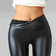 Load image into Gallery viewer, High Waisted Faux PU Leather Plush Lined Elastic Slim Leggings