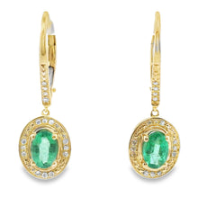 将图片加载到图库查看器,.90ct Emerald Diamond Dangle Earrings 10KT Yellow Gold