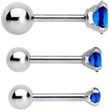 Load image into Gallery viewer, 18G 1/4 Blue CZ Gem Tragus Cartilage Earring 3 Pack Set