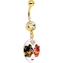 Load image into Gallery viewer, Clear Gem Gold PVD Red Black Heart Masquerade Mask Dangle Belly Ring