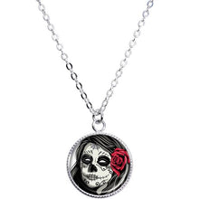 Load image into Gallery viewer, Katrina Sugar Skull with Rose Flower Silver Plated Chain Necklace
