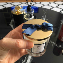 Load image into Gallery viewer, Jasmine Sandal Scented Glass Candle With Golden Metal Cover Long-Burning Fragrant Candles in Glass Container With Metal Lid Hand-Poured Natural Soy Blend No Additives No Dye