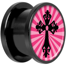 Load image into Gallery viewer, Pink Black Radiant Cross Black Anodized Screw Fit Plug Set 9/16