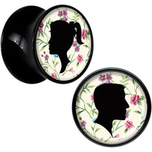 Load image into Gallery viewer, Black Acrylic Man Woman Floral Silhouette Saddle Plug Set 1/2