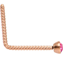 Load image into Gallery viewer, Pink 2mm Gem Inlay Rose Gold IP So Twisted L Shaped Nose Ring