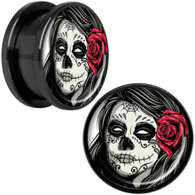 Load image into Gallery viewer, Katrina Sugar Skull with Rose Flower Black Anodized Screw Fit Plug Set 18mm