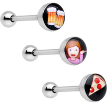 Load image into Gallery viewer, 5/8 Licensed Party Pizza Beers Sassy Girl emoji Tongue Ring Set of 3
