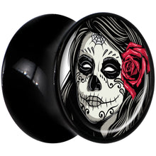 Load image into Gallery viewer, Black Acrylic Katrina Sugar Skull with Rose Flower Saddle Plug Set 1/2