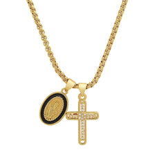 将图片加载到图库查看器,Ladies 18k White Gold/Gold Plated Brass & Black Enamel Our Lady of Guadalupe and Simulated Diamond Cross Pendant Charms