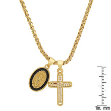 将图片加载到图库查看器,Ladies 18k White Gold/Gold Plated Brass & Black Enamel Our Lady of Guadalupe and Simulated Diamond Cross Pendant Charms